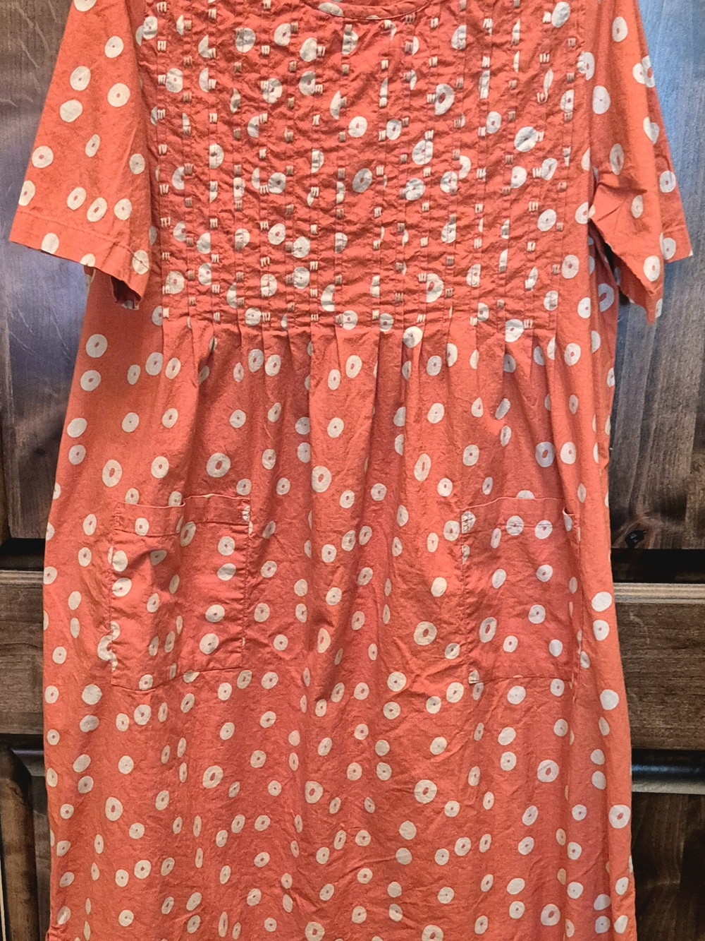 Marketplace India Coral Polka Dot Smocked Casual Dress with Pockets NWOT